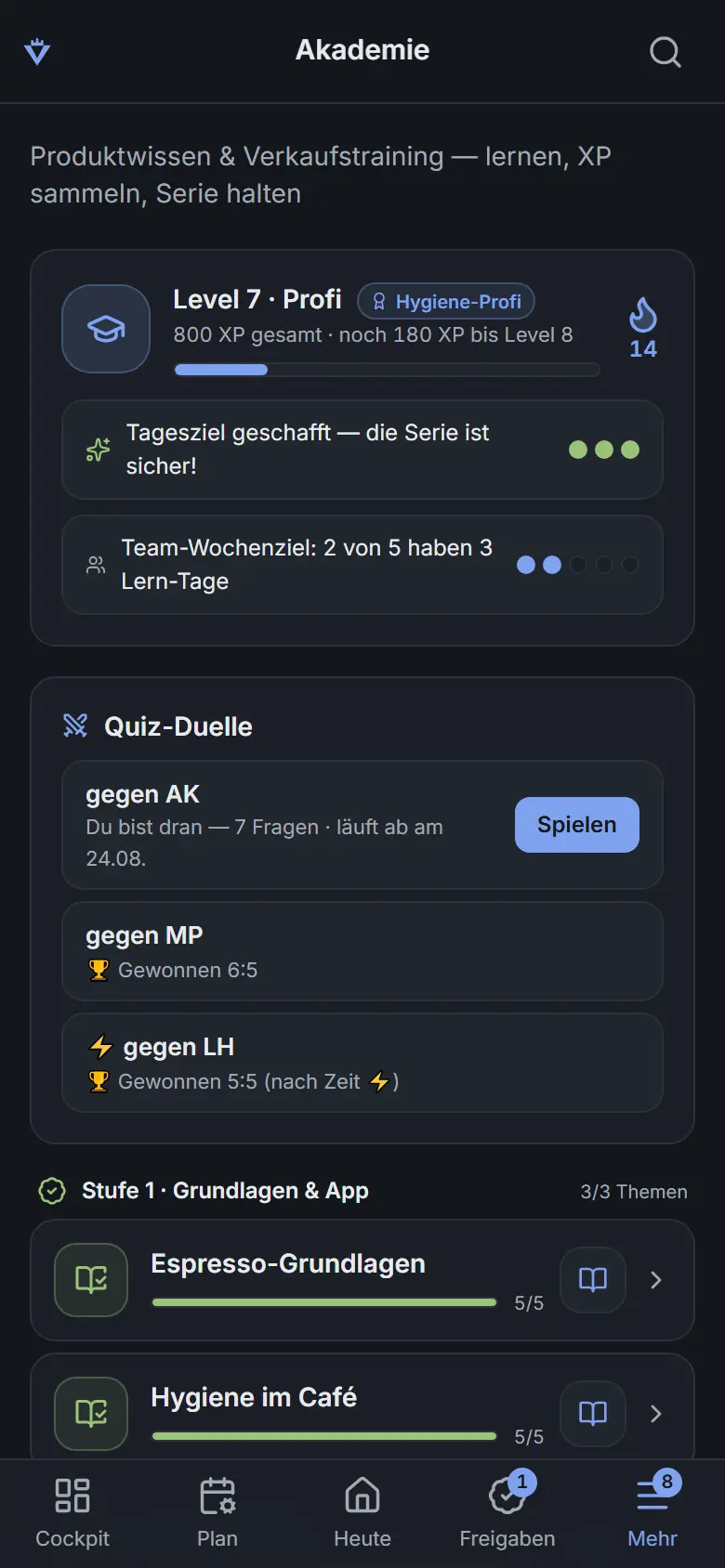Akademie am Telefon: Level-Karte mit XP-Fortschrittsbalken, Ausbildungs-Titel und Serien-Flamme, darunter Tagesziel und Team-Wochenziel mit Punktreihen sowie die Quiz-Duelle mit einem offenen Duell und zwei Ergebnissen, eines davon im Blitz-Modus.