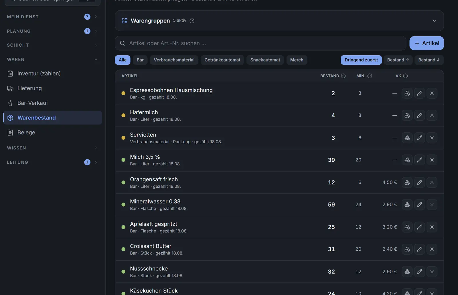 Warenbestand: Artikelliste mit Bestand, Mindestbestand und Verkaufspreis, sortiert nach Dringlichkeit — Artikel mit gelbem Punkt unter dem Minimum stehen oben, darunter Artikel mit grünem Punkt und gefülltem Bestand, je mit Vermerk der letzten Zählung.