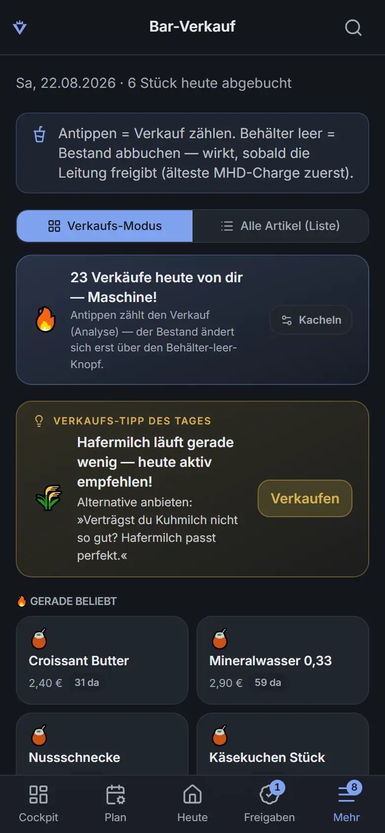 Verkaufs-Ansicht am Telefon: Tagesstand der Abbuchungen, persönliche Verkaufszahl mit Motivations-Hinweis, der Verkaufs-Tipp des Tages zur Hafermilch und darunter die Verkaufs-Kacheln mit Preis und Bestands-Vermerk.