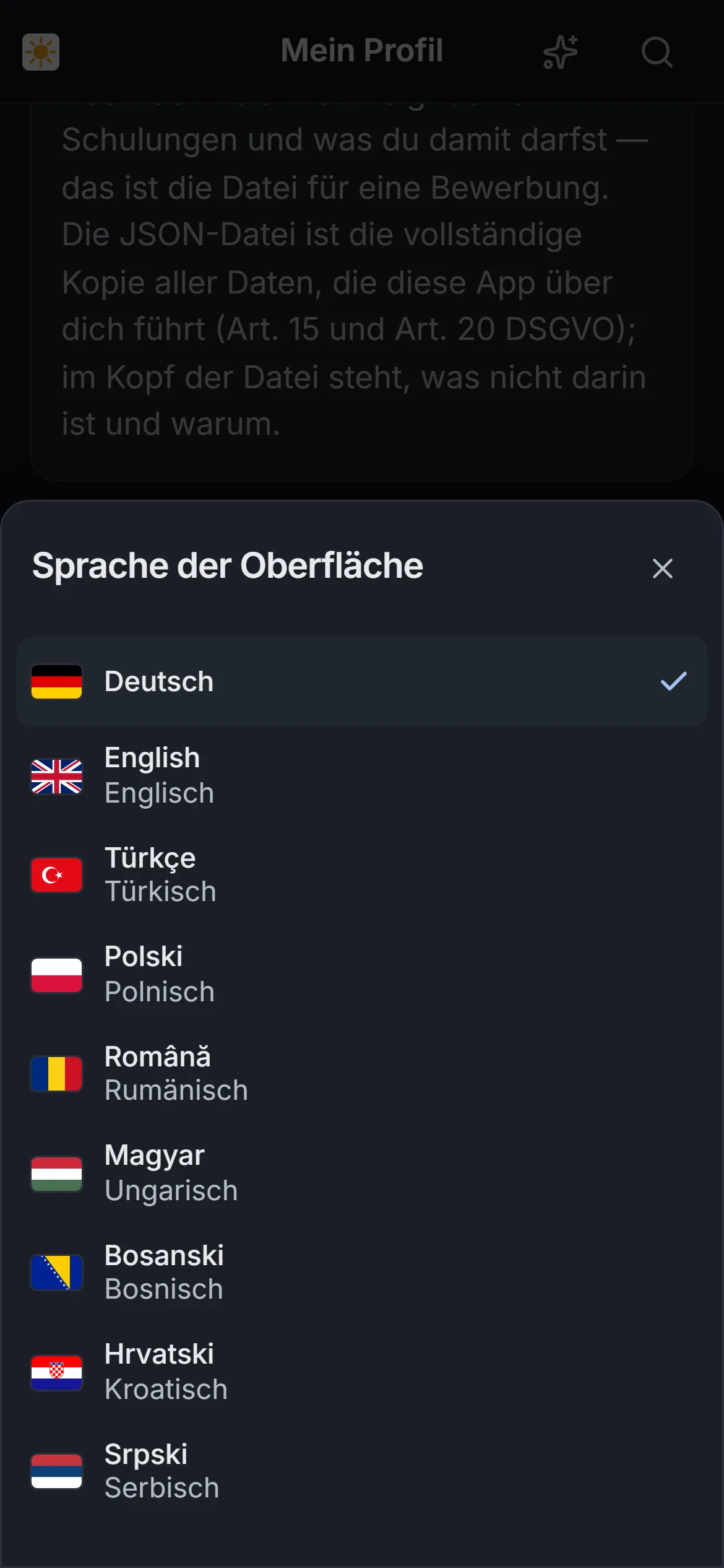 Profil am Telefon: das geöffnete Blatt »Sprache der Oberfläche« — jede Sprache mit Flagge, Eigenname und deutschem Namen, Deutsch ist ausgewählt; Bosanski, Hrvatski und Srpski stehen als drei eigene Sprachen.