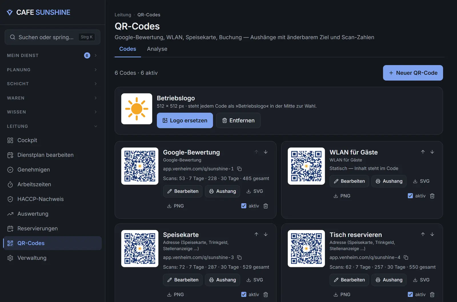 QR-Zentrale in der Anwendung: angelegte QR-Codes des Beispielbetriebs für Google-Bewertung, WLAN und einen Speisekarten-Link, je mit Code-Vorschau und hinterlegtem Ziel.
