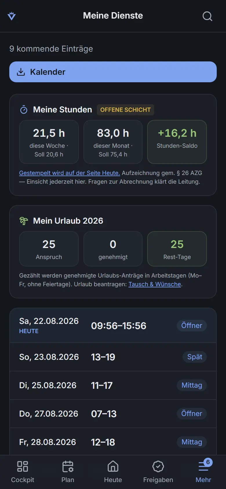Ansicht »Meine Dienste« am Telefon: geleistete Stunden dieser Woche und dieses Monats, Stunden-Saldo und der Stand des Urlaubskontos.