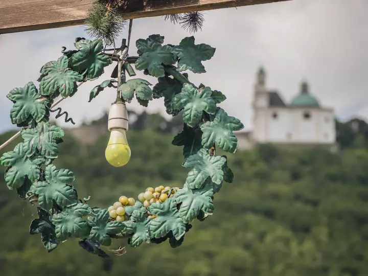 A Heuriger sign made of vine leaves, the church on the Kahlenberg behind it