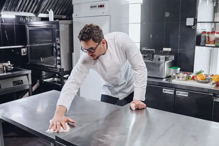 A cook cleans the stainless-steel work surface