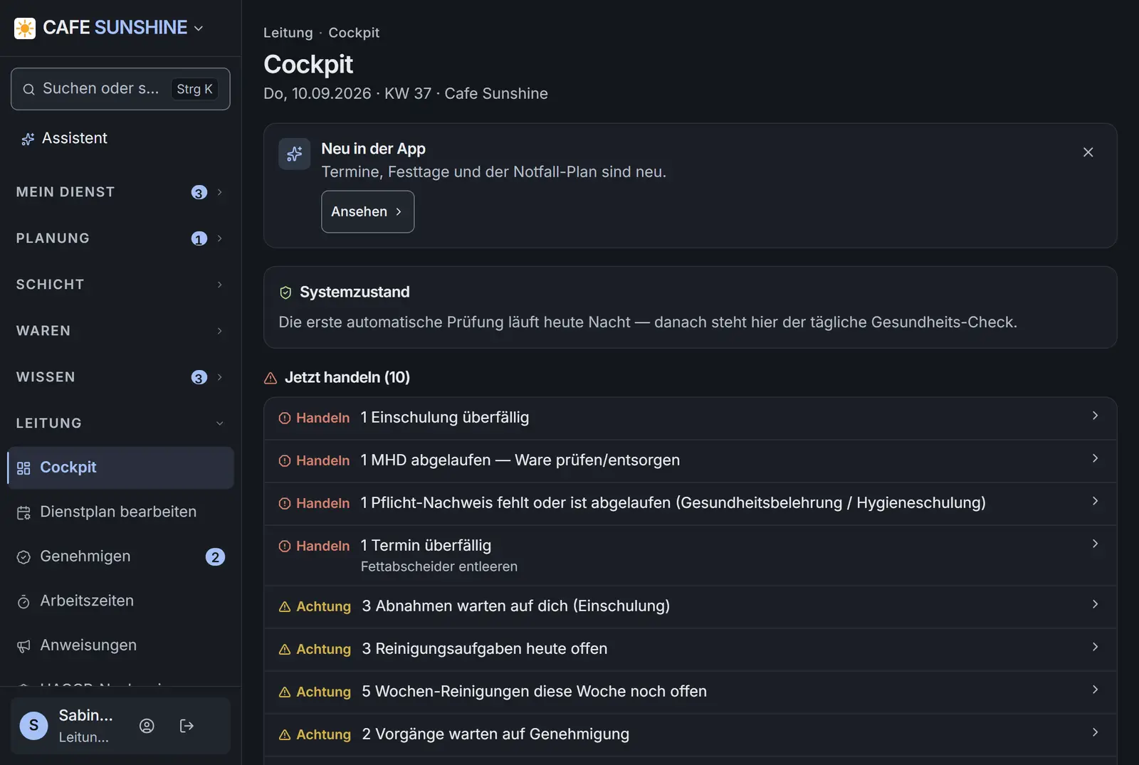 Cockpit der Leitung mit der Liste »Jetzt handeln«