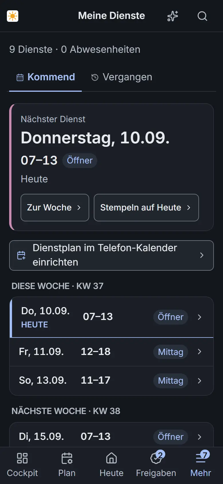 Meine Dienste: Stunden, Saldo, Urlaubskonto, Kalender-Abo