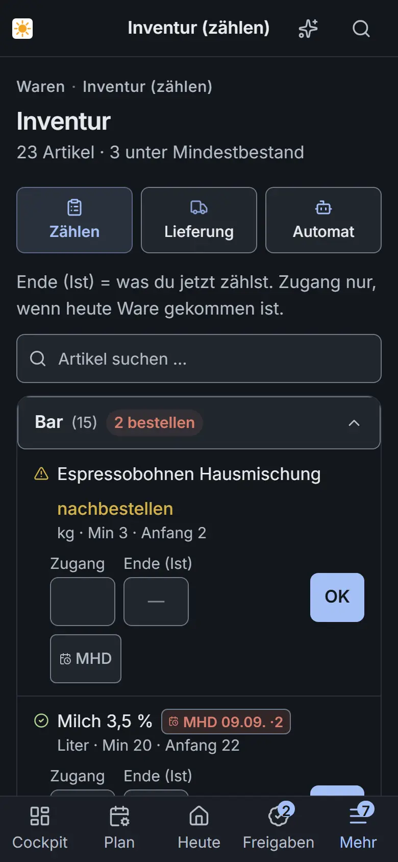 Inventur am Handy: gezählt wird in der Reihenfolge des Weges durchs Lager, der erwartete Bestand steht daneben