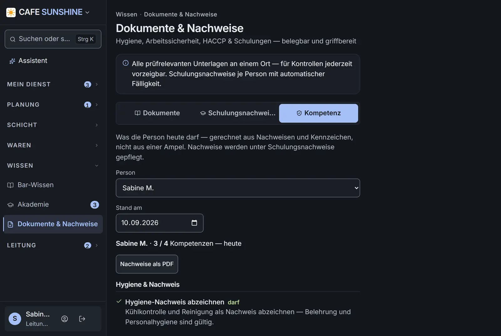 Kompetenz-Karte: Ampel je Kompetenz mit wählbarem Stichtag