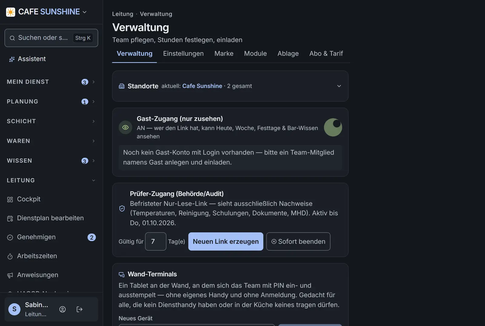 Verwaltung: Standorte, Team, Prüfer-Zugang, Wand-Terminals